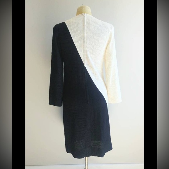 Vintage 1980s Black and White Colorblock Dress Midi Scrunchy Textured Ribbed - Picture 4 of 8